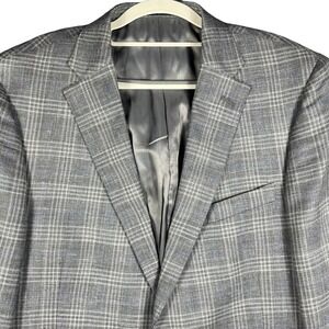 Hart Schaffner Marx Sport Coat Mens 46L Grey Glen Plaid Linen Blazer USA